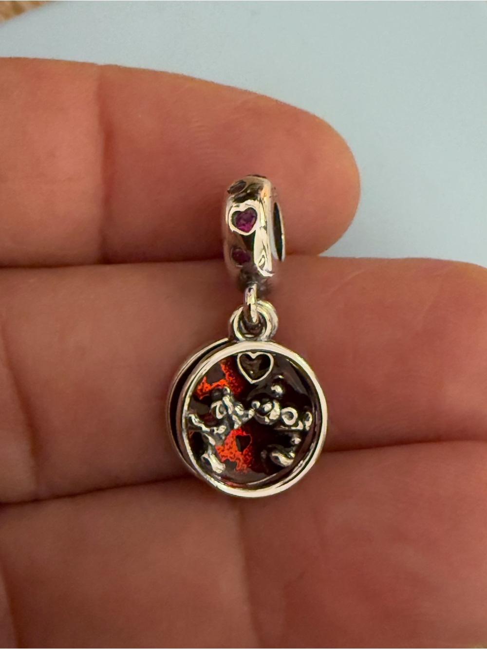 Pandora Silver Heart Charm with Red Enamel Accents